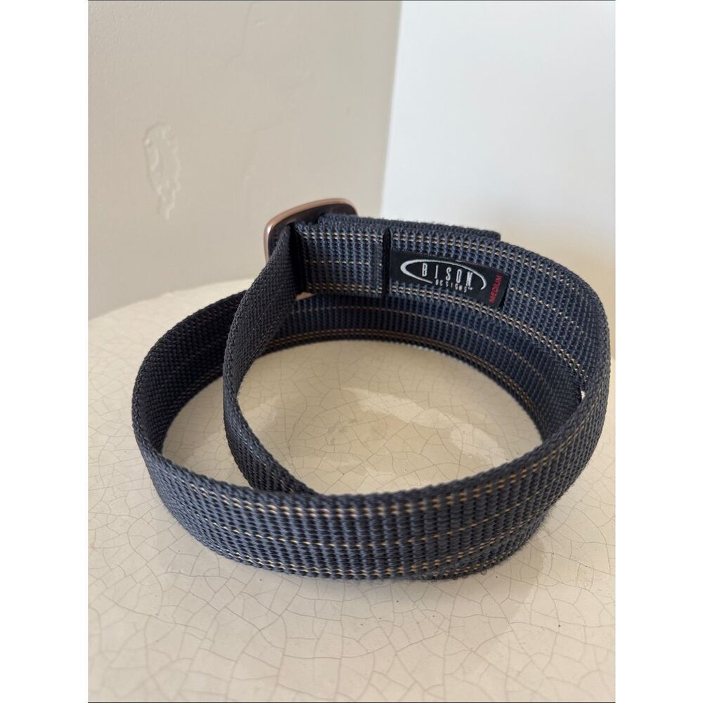 Bison Designs Tap Cap Buckle Webbed Textile Belt Blue/Tan Casual Size 38 Medium - Picture 2 of 12